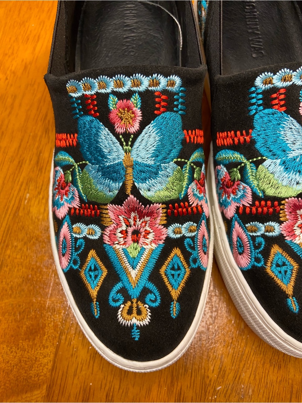Johnny Was Black Slip-On Sneakers with Turquoise Butterfly Embroidery - Picture 2 of 12